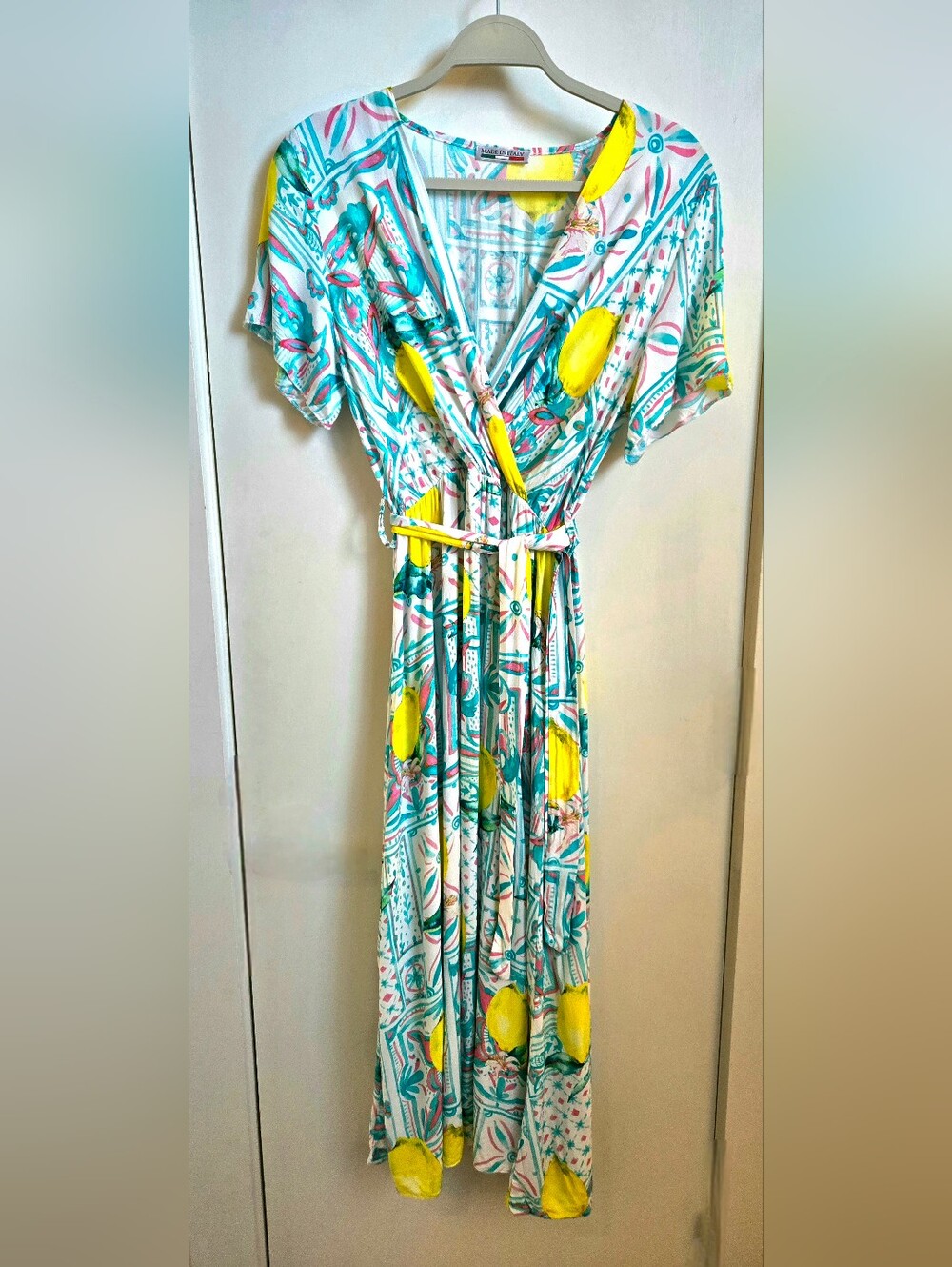 Lemon Print Wrap Midi Dress Amalfi Coast Tile Faux Wrap Made in Italy - Picture 2 of 7
